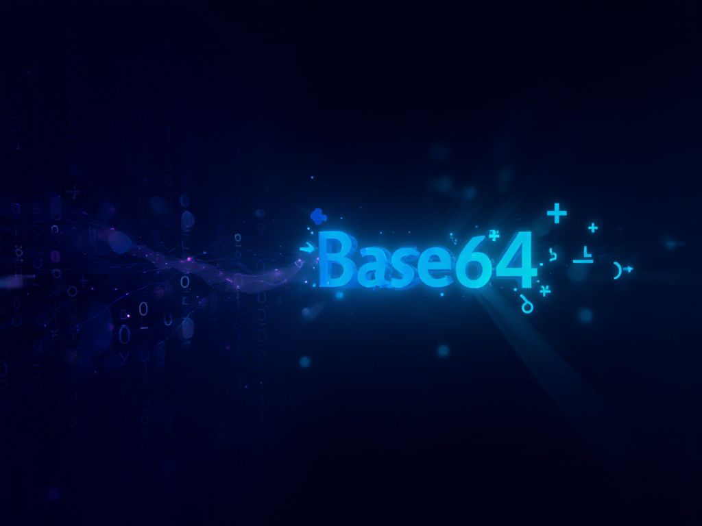 Abstract visualization of Base64 encoding transformation showing binary data converting to ASCII text with glowing blue and green data streams