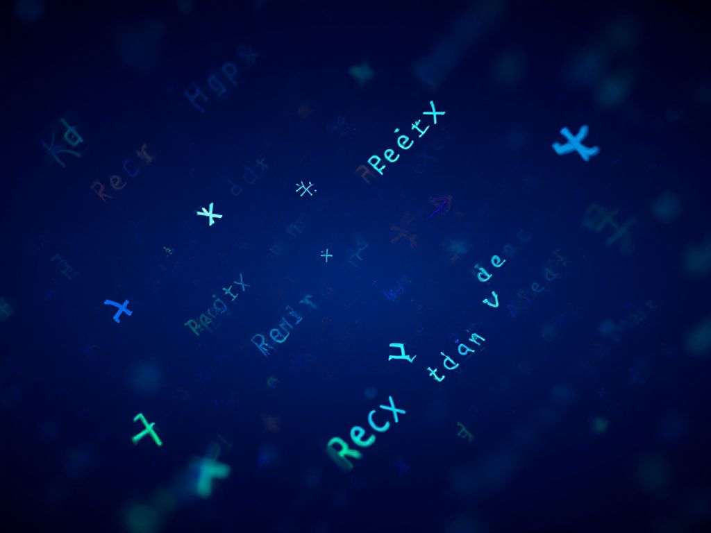 Abstract visualization of regular expressions with colorful pattern symbols and code syntax highlighting in dark blue and cyan gradients