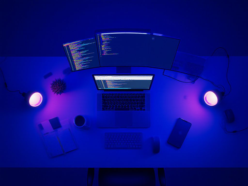 Professional developer workspace from overhead view showing coding tools and utilities on screen with blue and purple lighting in a clean minimalist setup