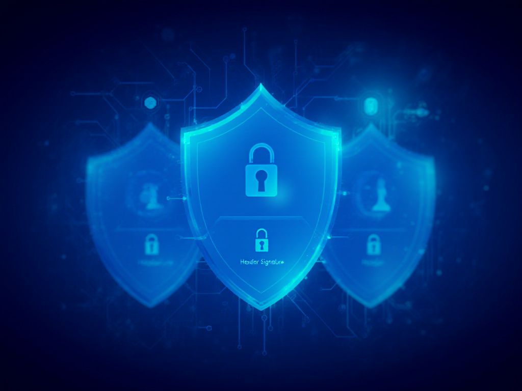 JWT token structure visualization showing three connected segments for Header, Payload, and Signature with glowing security shield icons and cryptographic patterns
